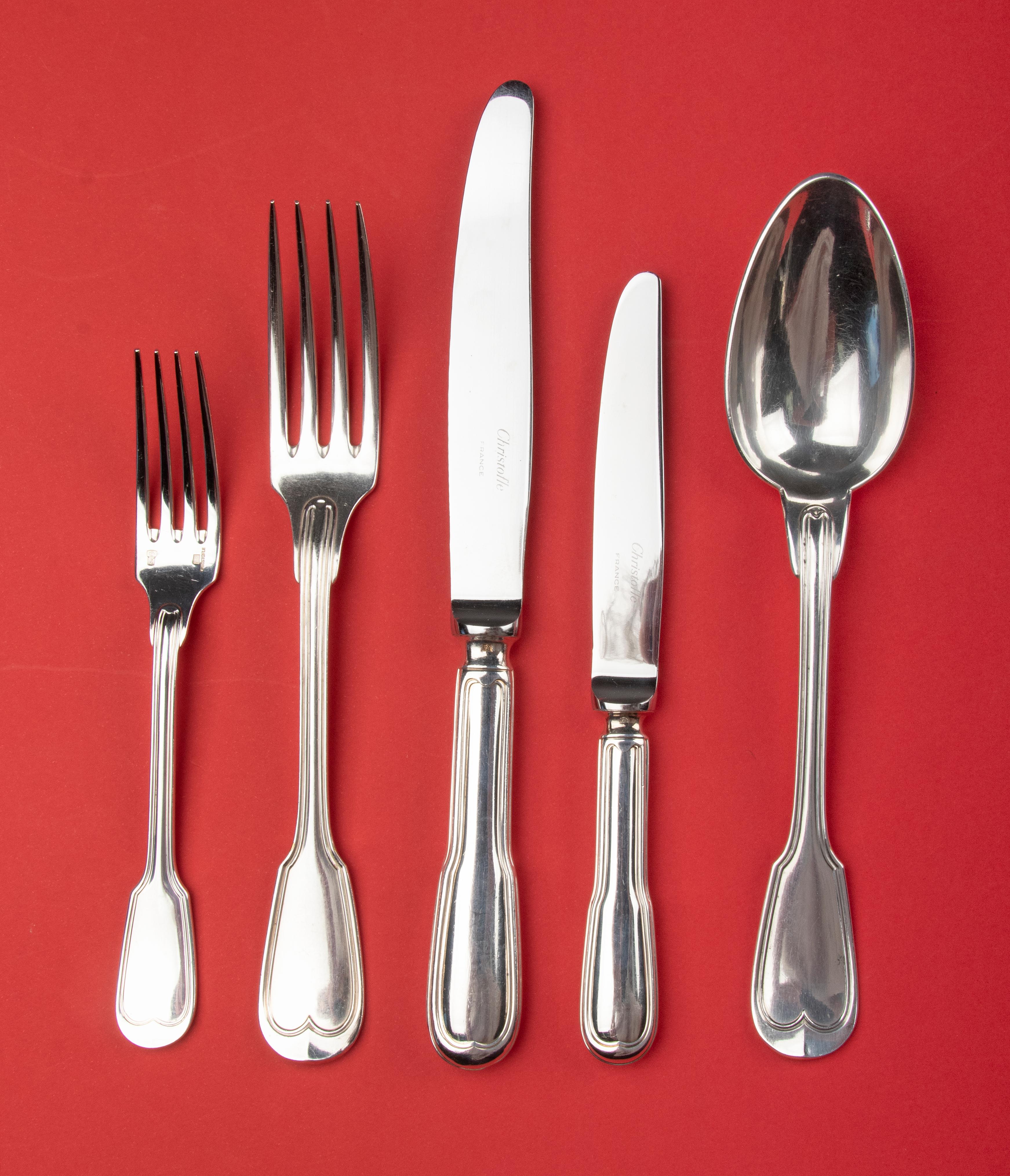 French 60-Piece Set of Silver Plated Flatware by Christofle Model Chinon
