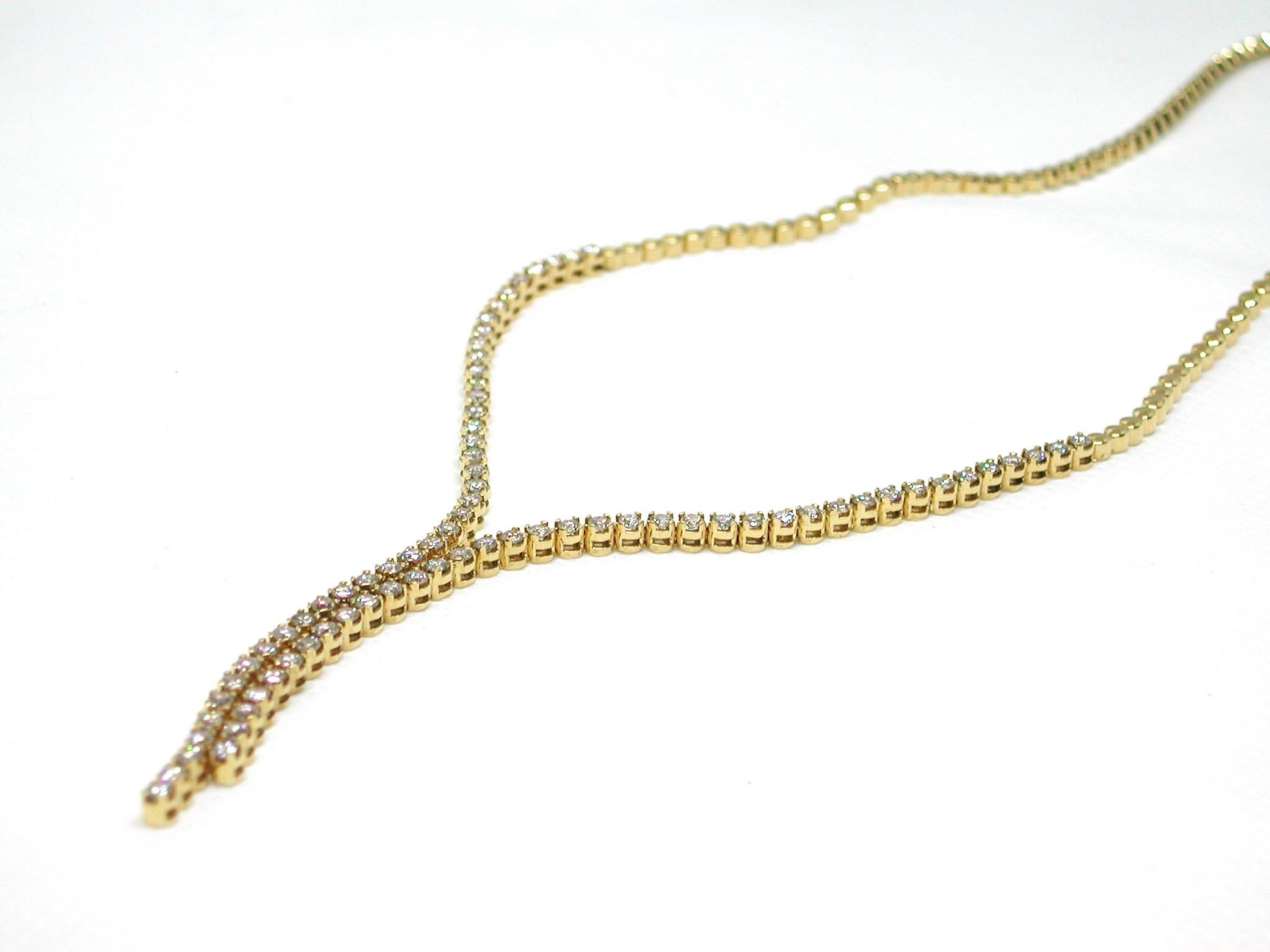7.00 Carat 18 Karat Yellow Gold White Diamond Drop Tennis Necklace In New Condition In Antwerp, BE
