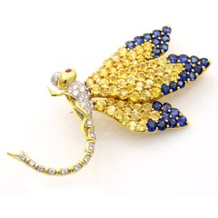 7.00 Carat 18 Karat Gold Ruby Diamond Sapphire Dragonfly Brooch