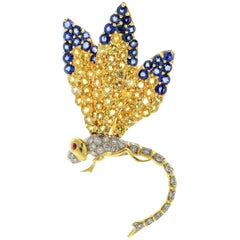 7.00 Carat 18 Karat Gold Ruby Diamond Sapphire Dragonfly Brooch
