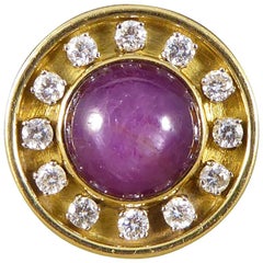 7.00 Carat and Cabochon Star Ruby and Diamond Circle Ring in 18 Carat Gold