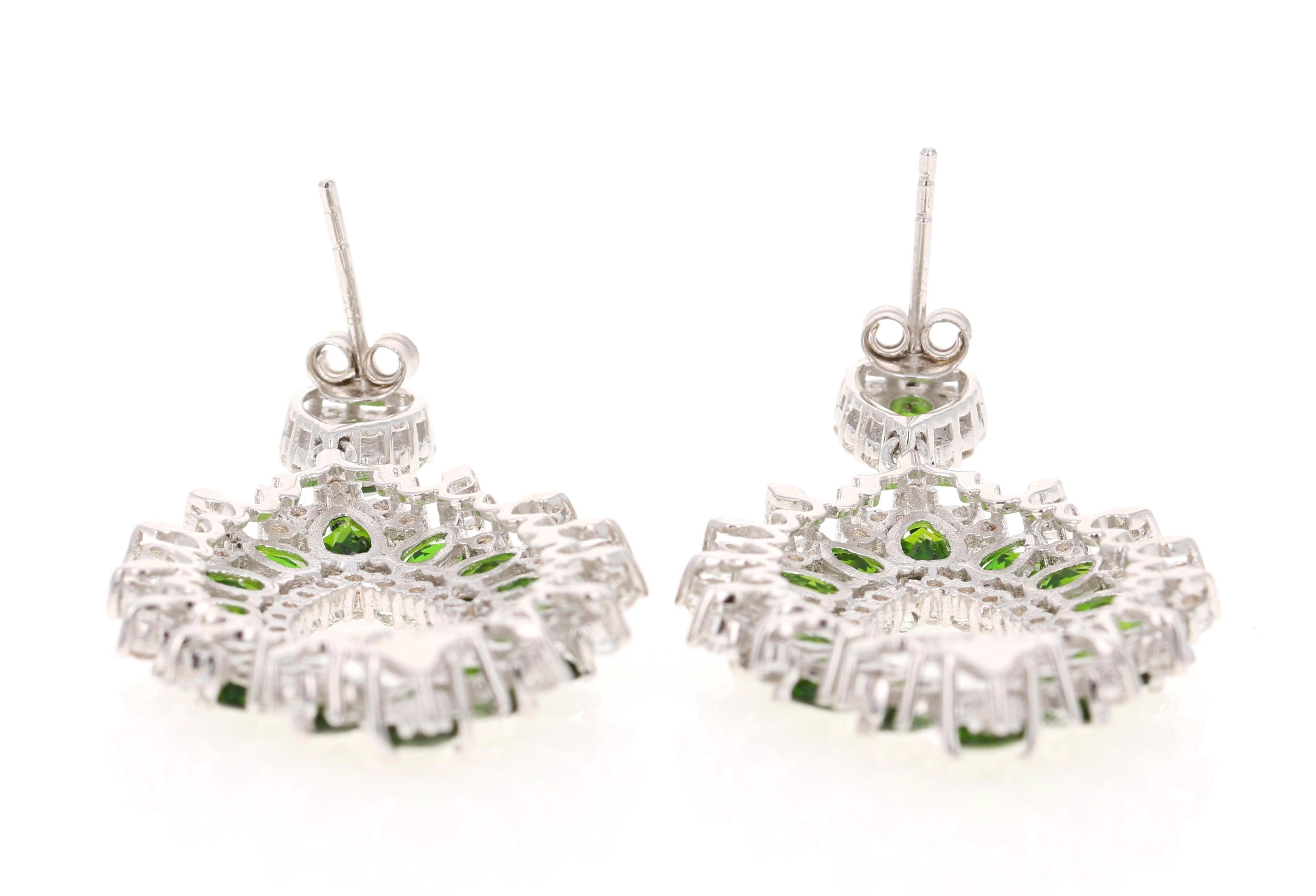 Pear Cut 7.00 Carat Chrome Diopside White Topaz Silver Earrings For Sale