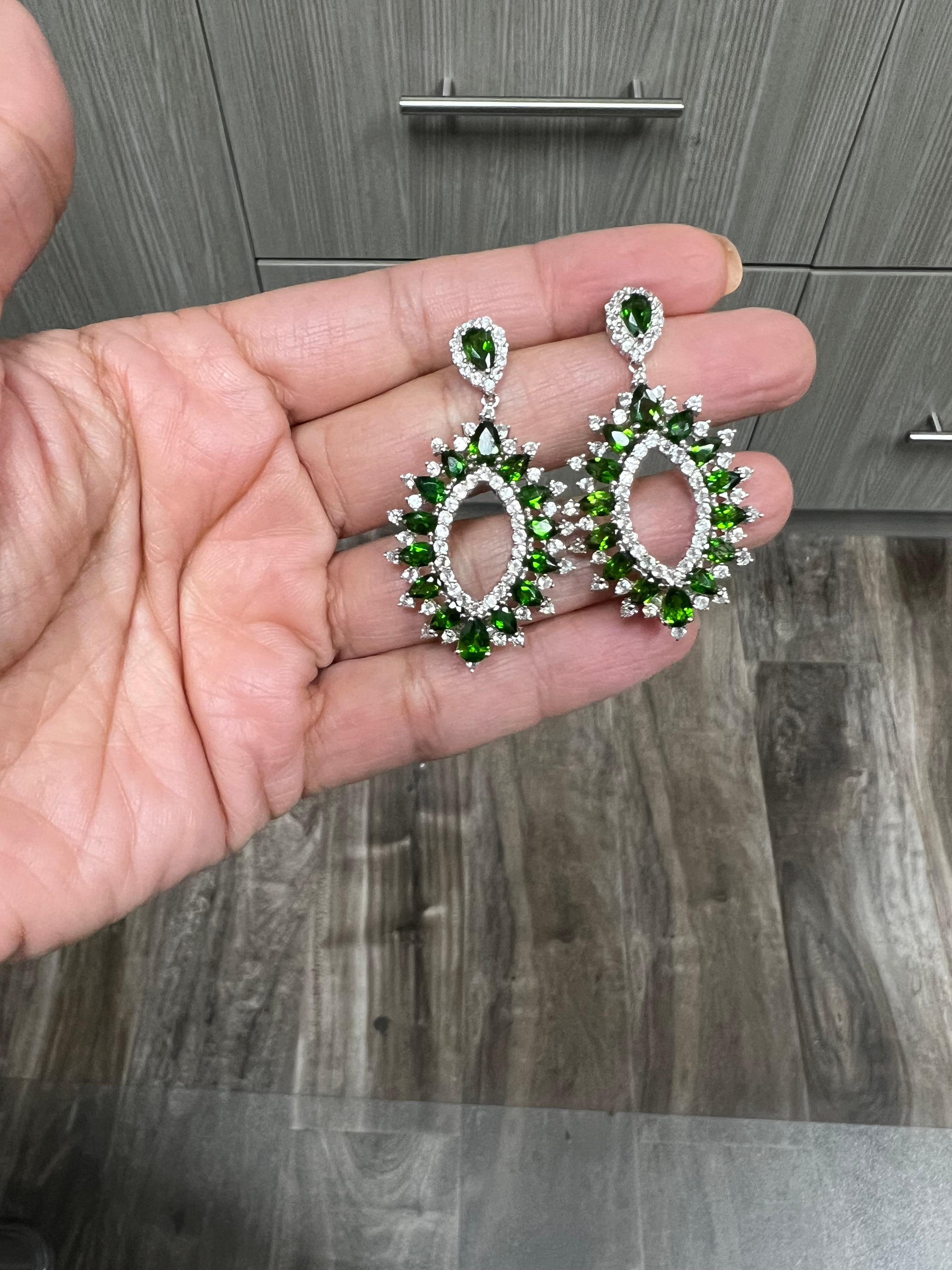 7.00 Carat Chrome Diopside White Topaz Silver Earrings For Sale 1