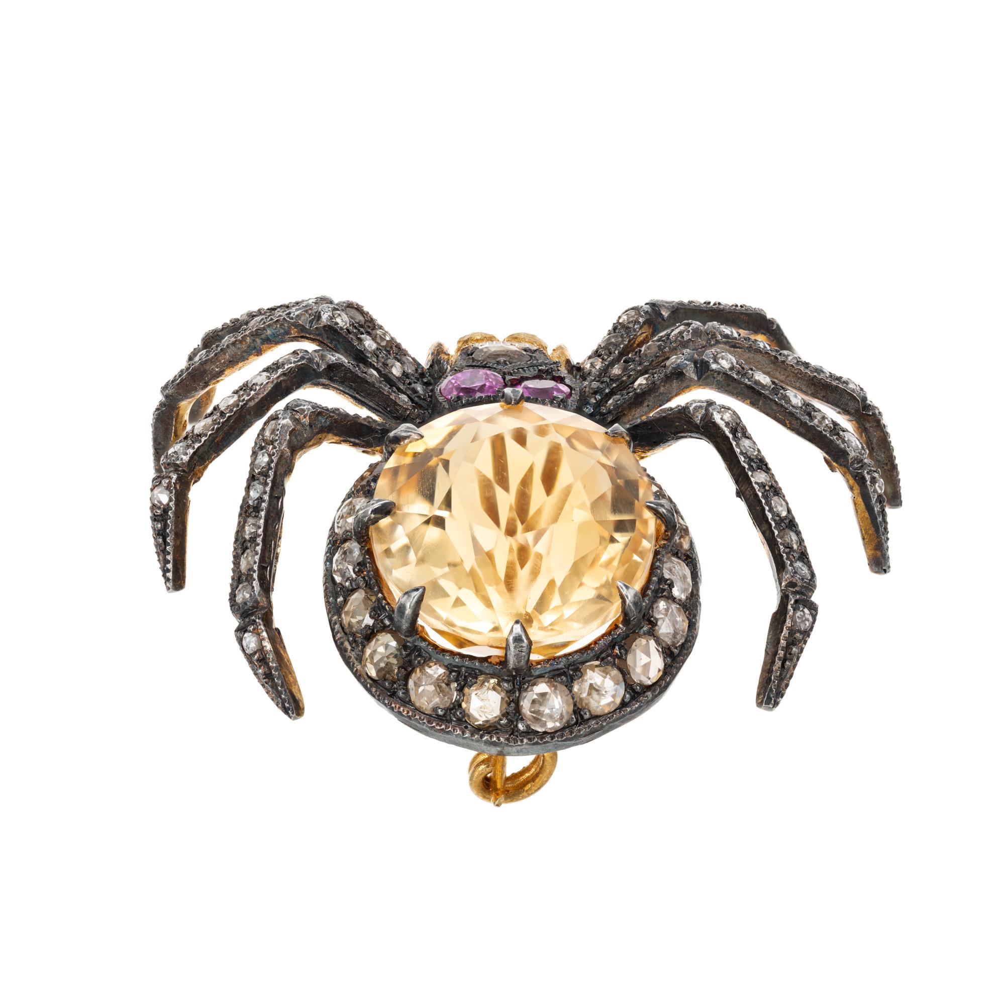 7.00 Carat Citrine Ruby Diamond Silver Spider Brooch Pendant In Good Condition For Sale In Stamford, CT