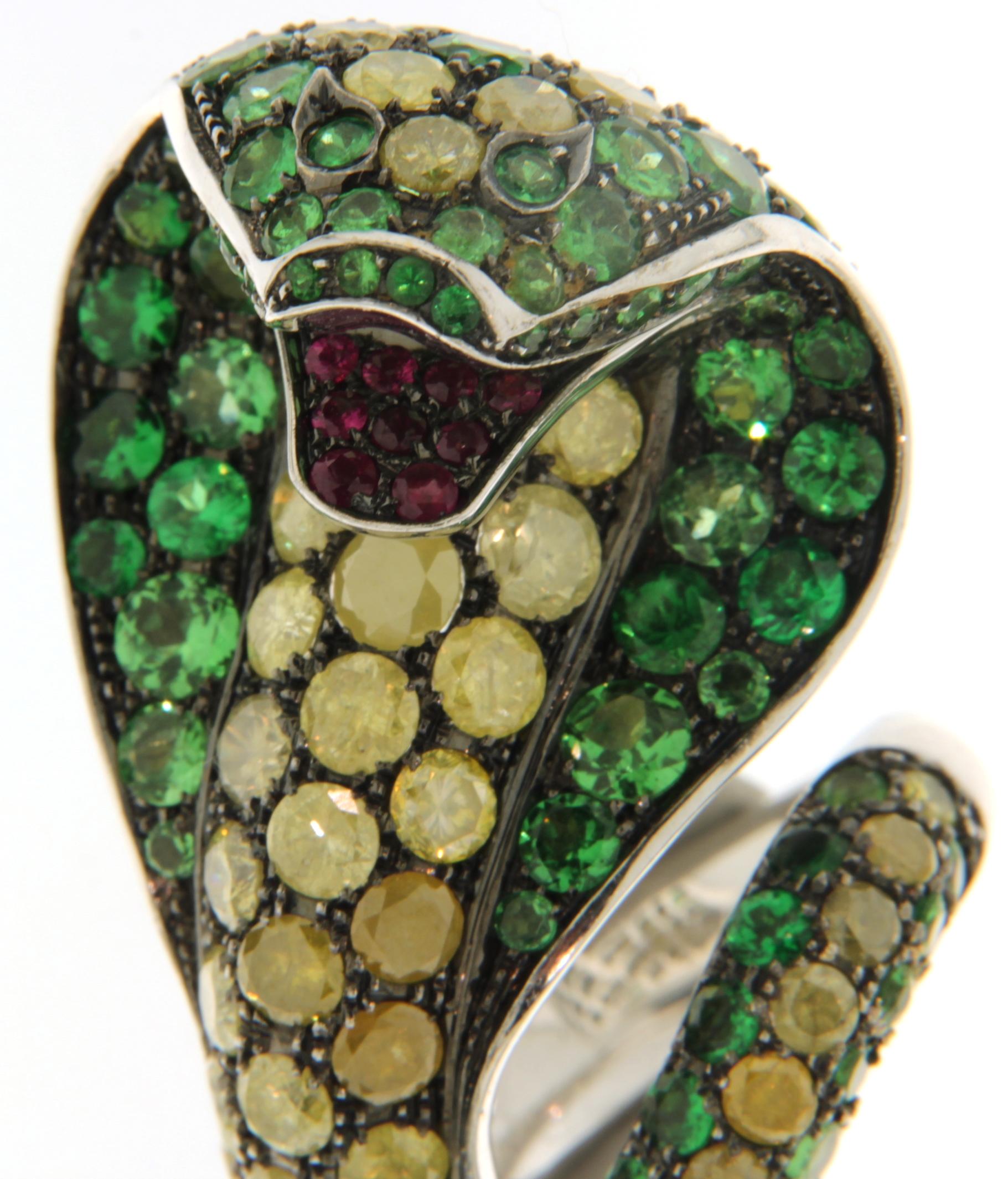 Contemporary 18kt White Gold 7ct Diamond 5ct Tsavorite, 0.36 Ruby, Paolo Piovan Cobra Ring For Sale