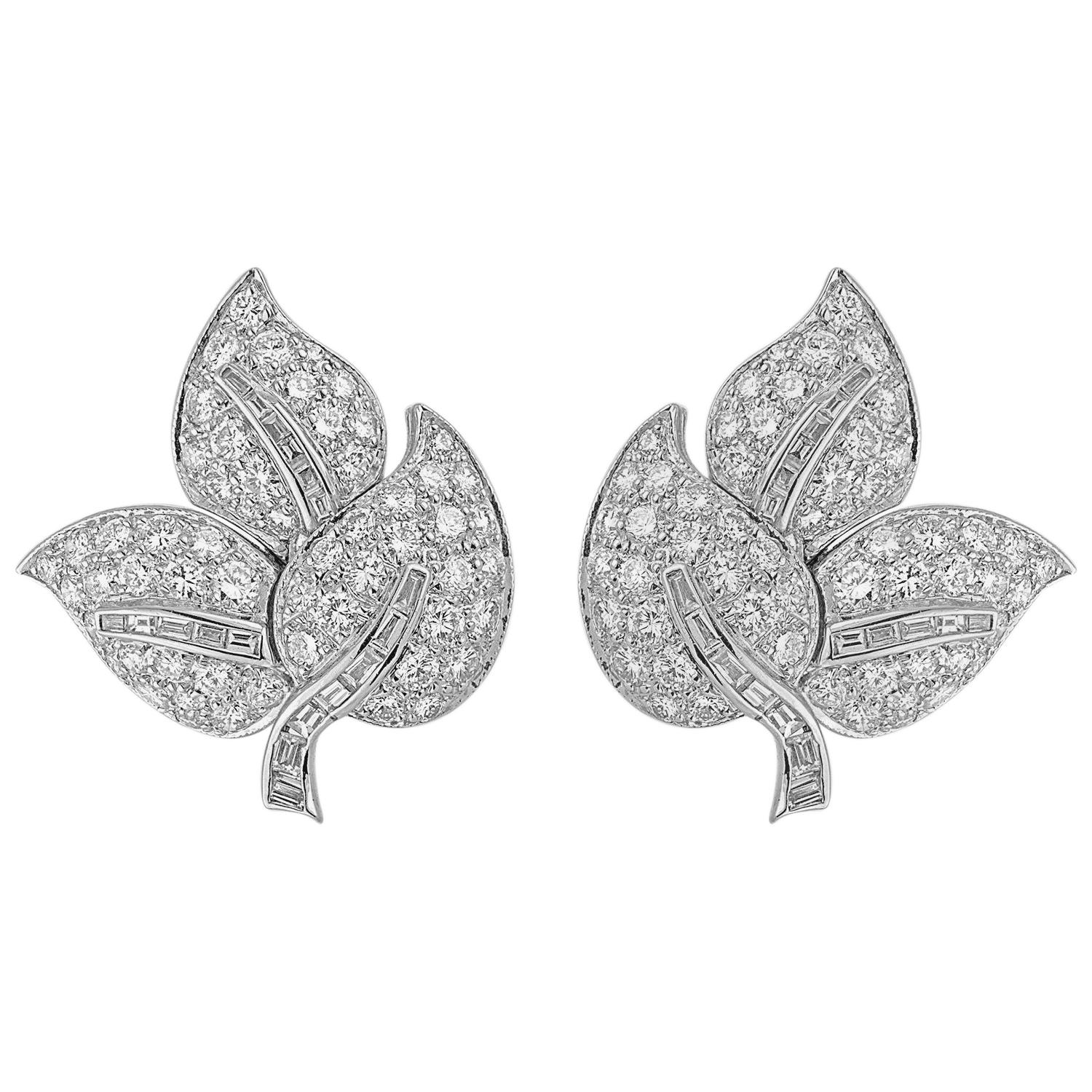 7.00 Carat Diamond Leaf Clip / Post Gold Earrings