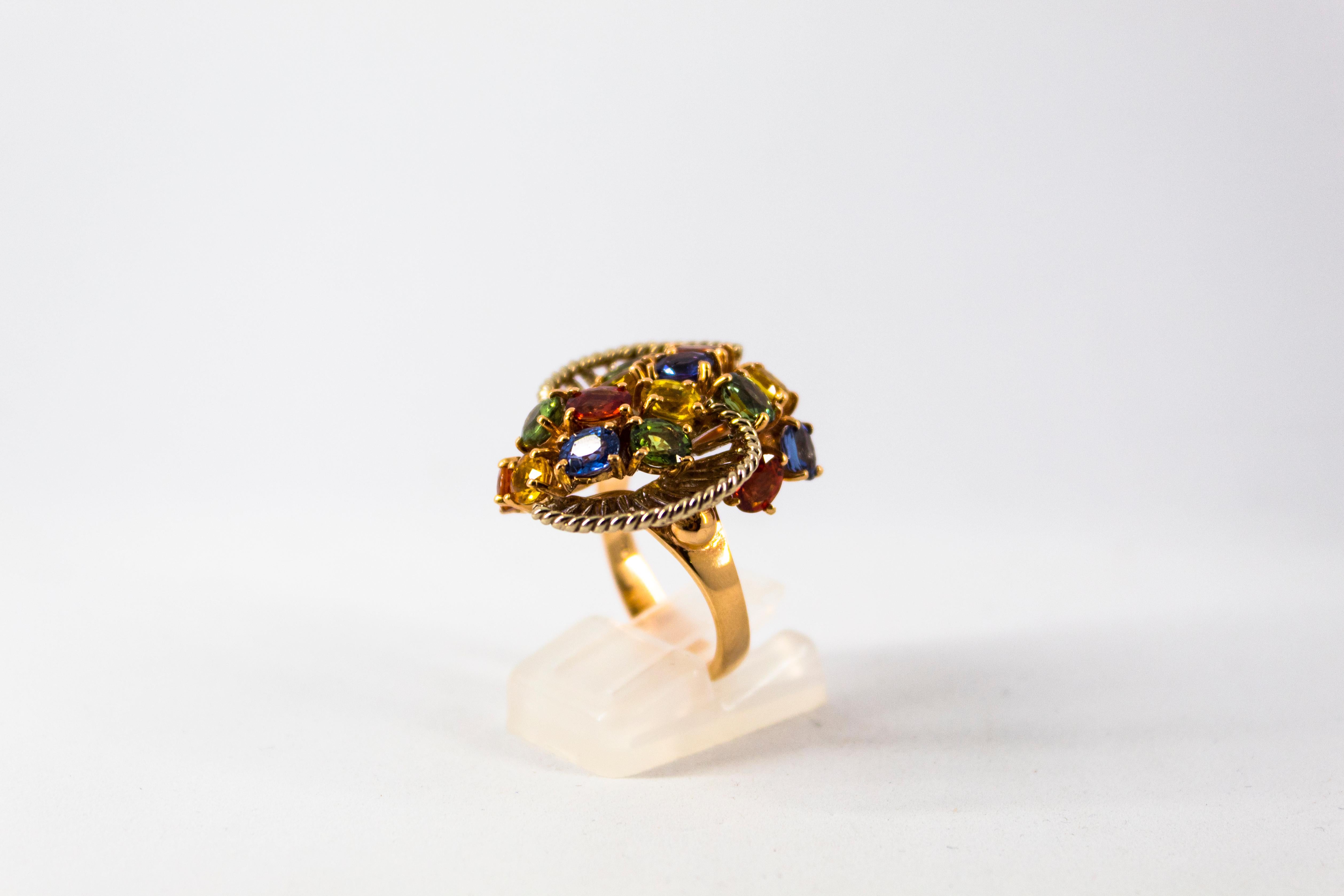 7,00 Quilates Zafiro Amarillo Azul Verde Anillo de Cóctel en Oro Amarillo Art Nouveau en venta