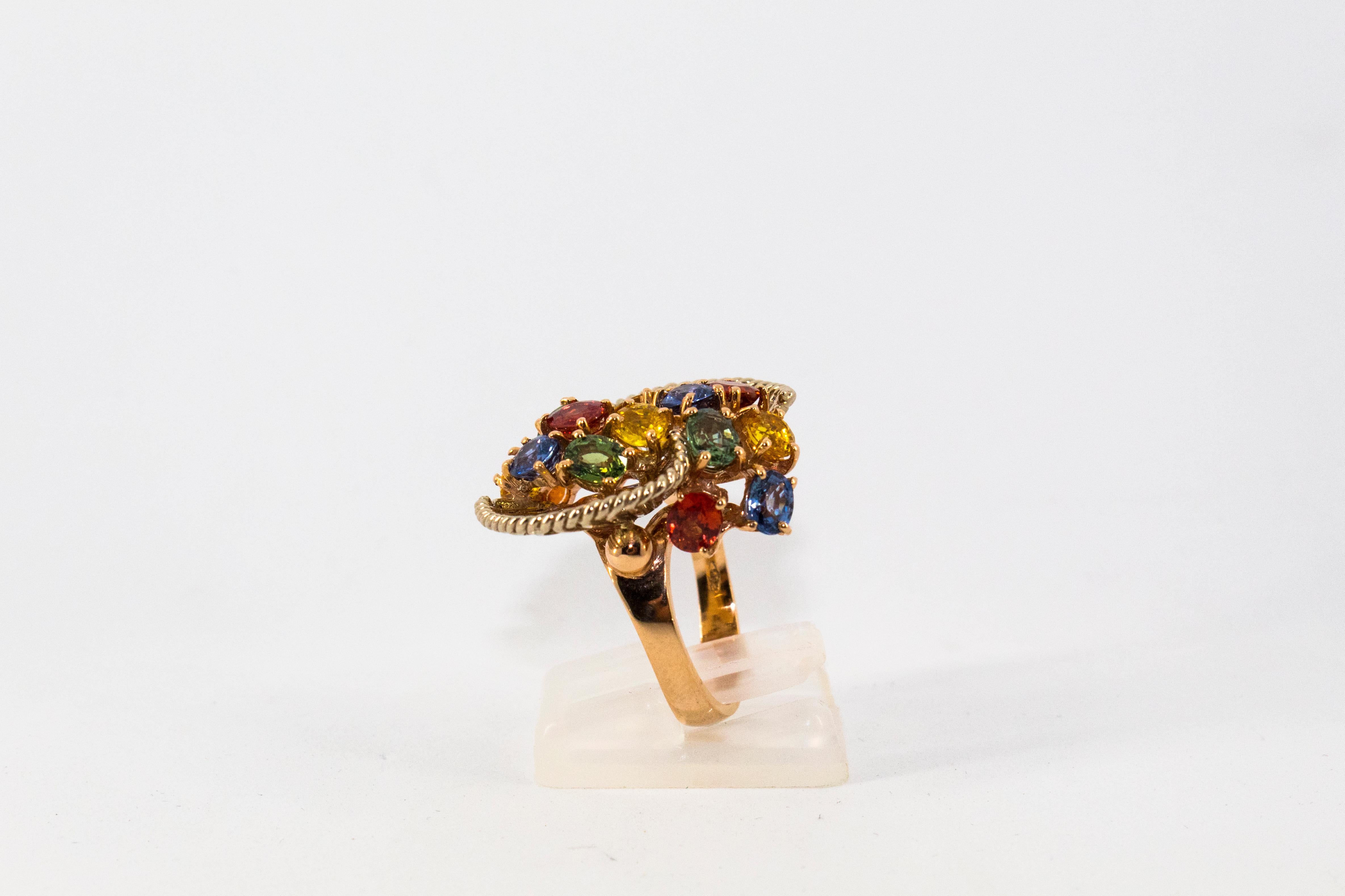  7.00 Carat Green Blue Yellow Sapphire Yellow Gold Cocktail Ring In New Condition In Naples, IT