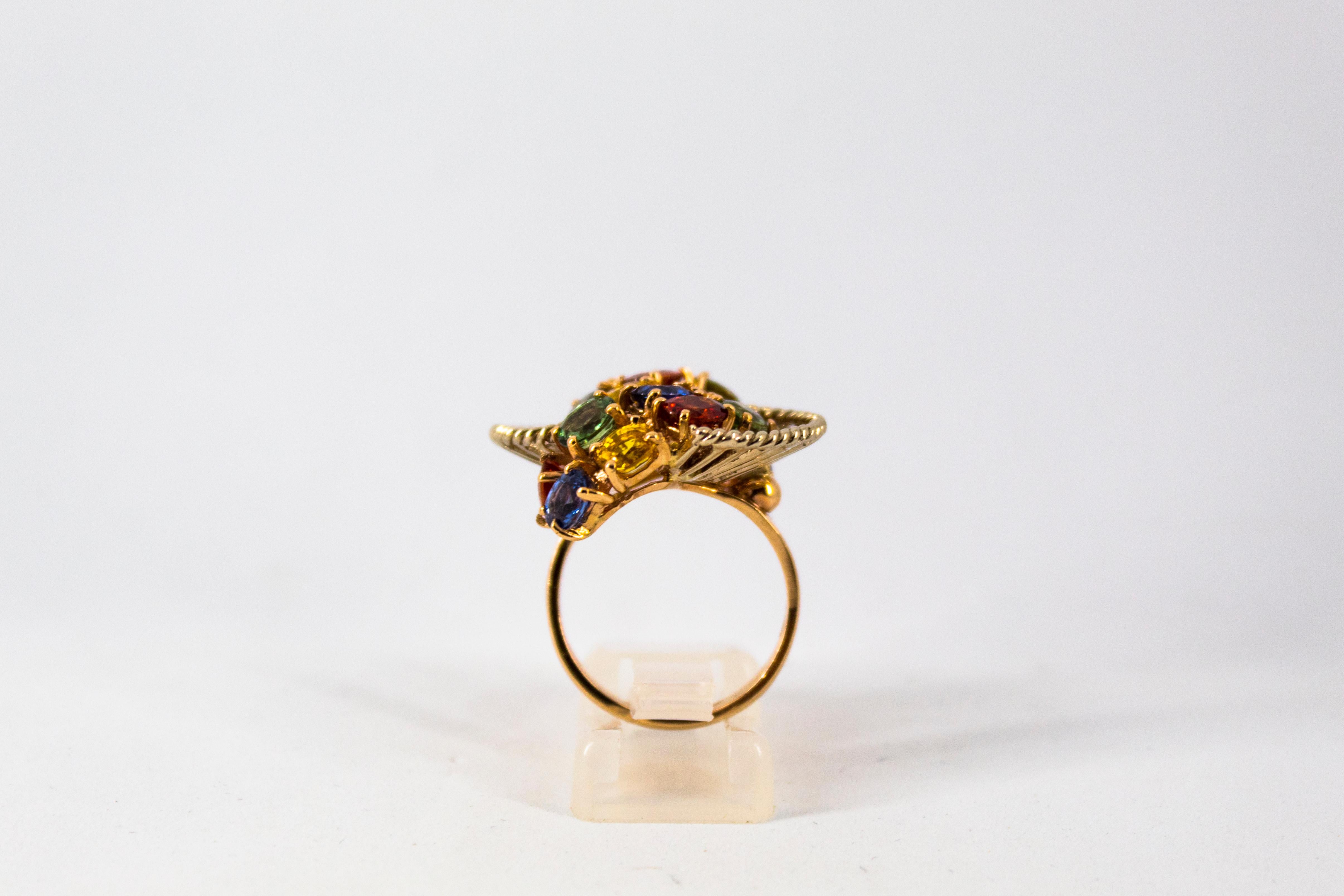 Women's or Men's  7.00 Carat Green Blue Yellow Sapphire Yellow Gold Cocktail Ring