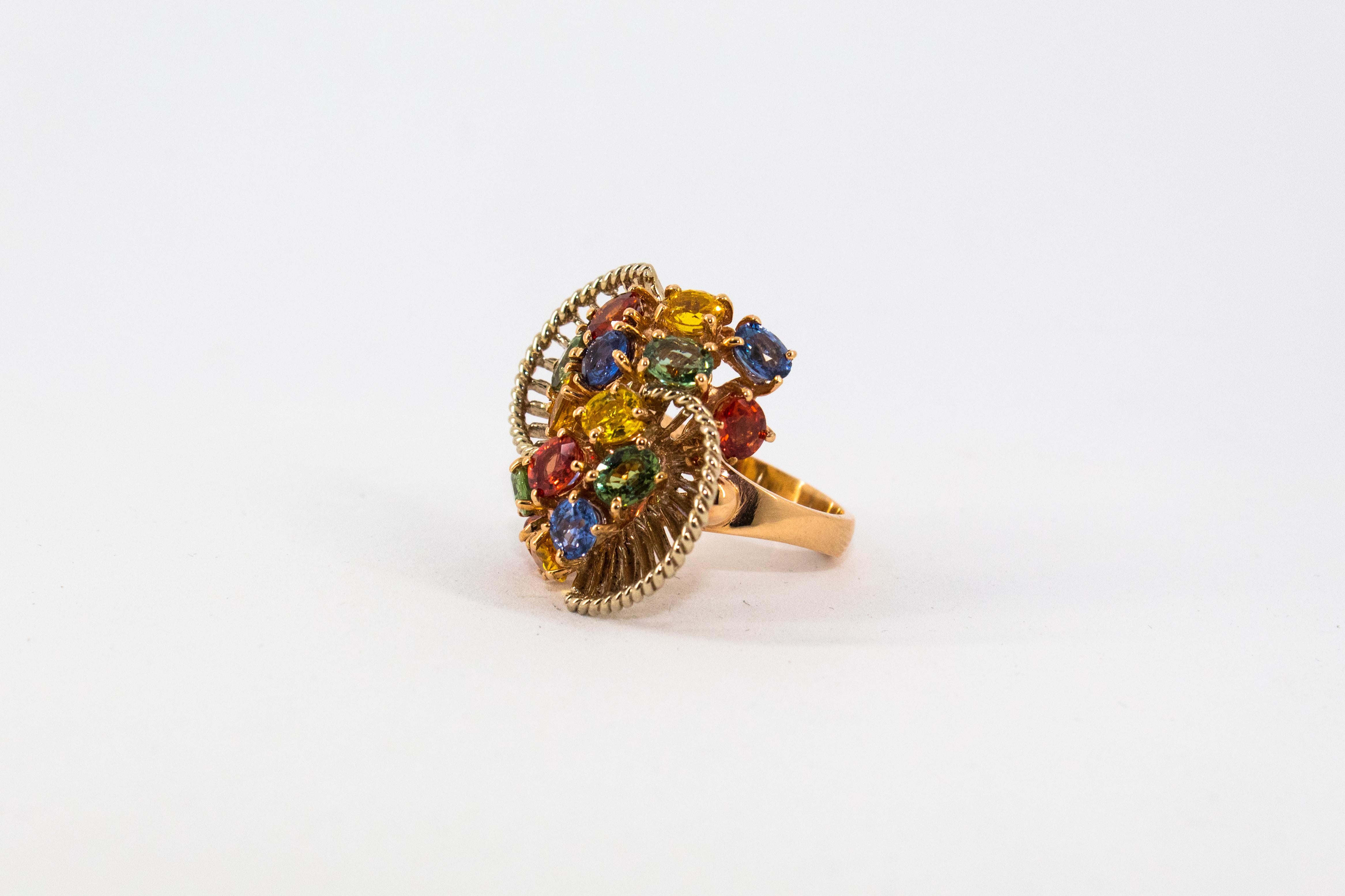  7.00 Carat Green Blue Yellow Sapphire Yellow Gold Cocktail Ring 2