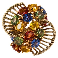 7,00 Quilates Zafiro Amarillo Azul Verde Anillo de Cóctel en Oro Amarillo