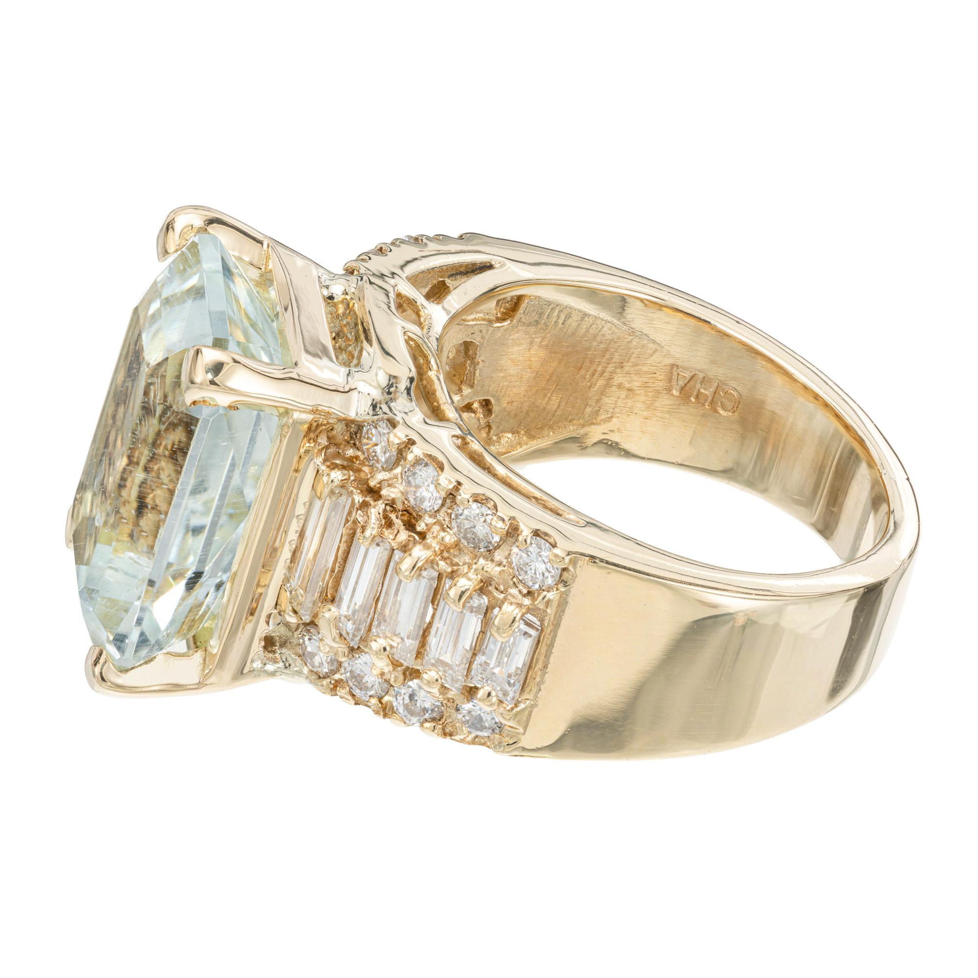 Emerald Cut 7.00 Carat Light Blue Aquamarine Baguette Round Diamond Gold Mid-Century Ring For Sale