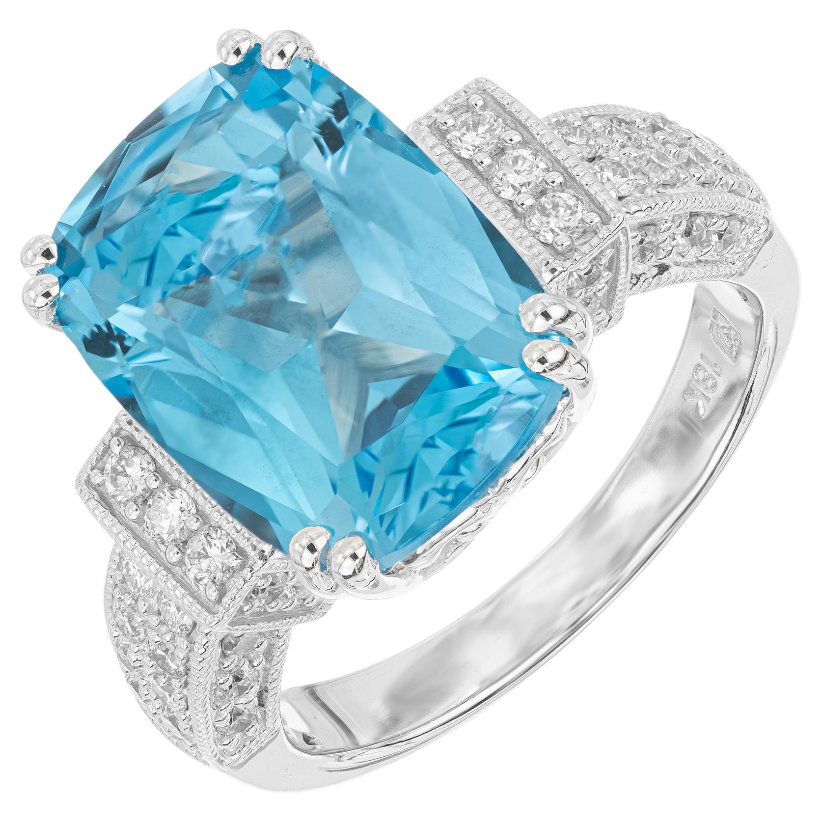 7.00 Carat London Blue Cushion Topaz Diamond White Gold Ring