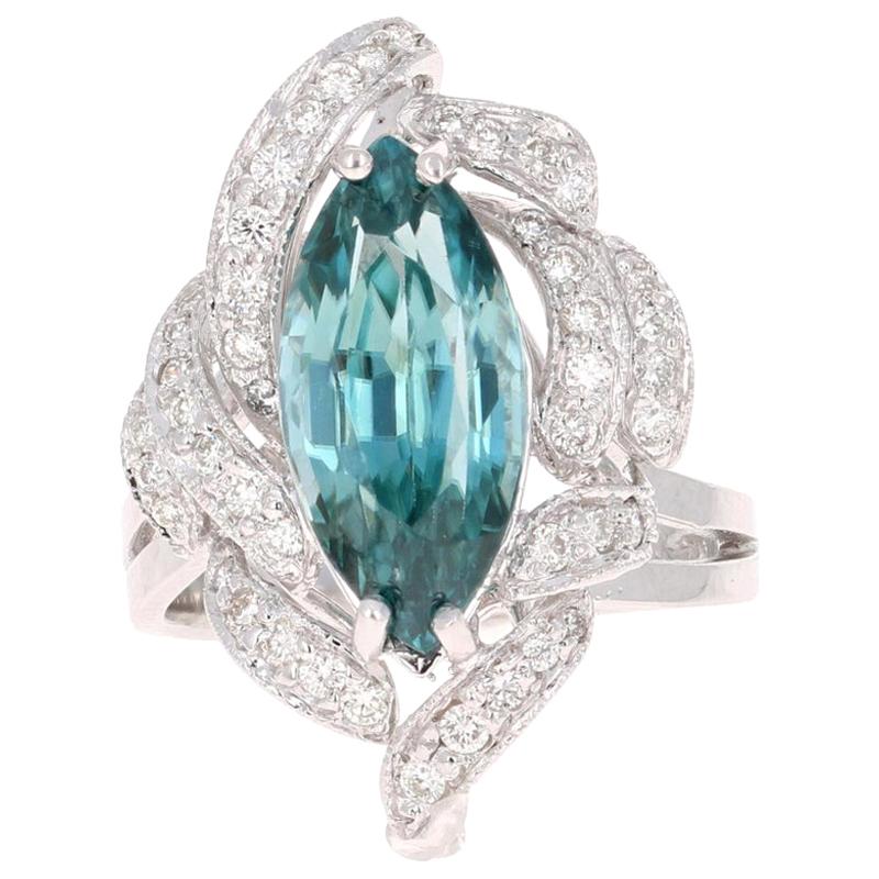 7.00 Carat Natural Marquise Cut Blue Zircon Diamond White Gold Statement Ring For Sale