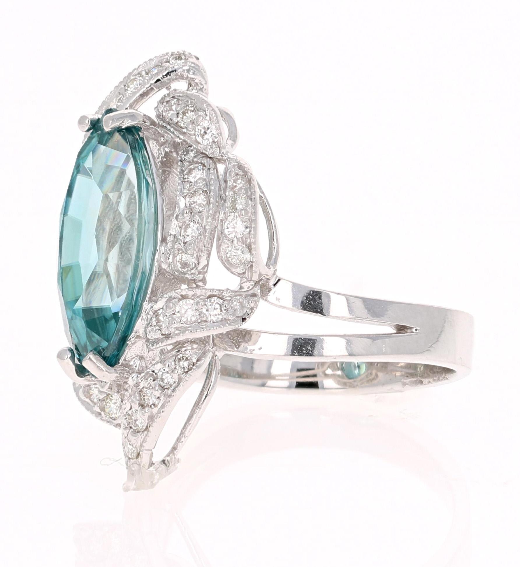 Art Deco 7.00 Carat Marquise Cut Blue Zircon Diamond 14 Karat White Gold Ring