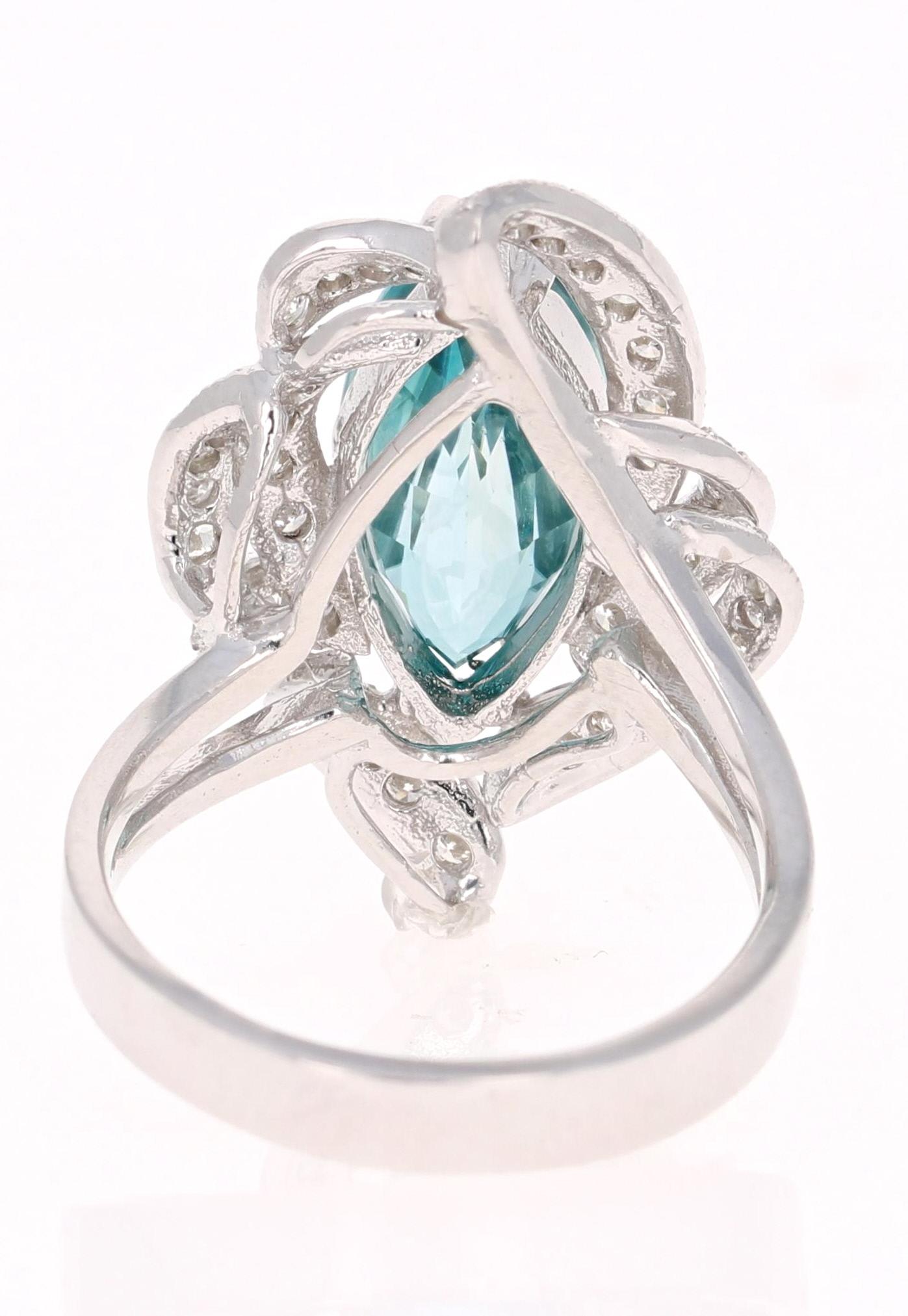 7.00 Carat Marquise Cut Blue Zircon Diamond 14 Karat White Gold Ring In New Condition In Los Angeles, CA
