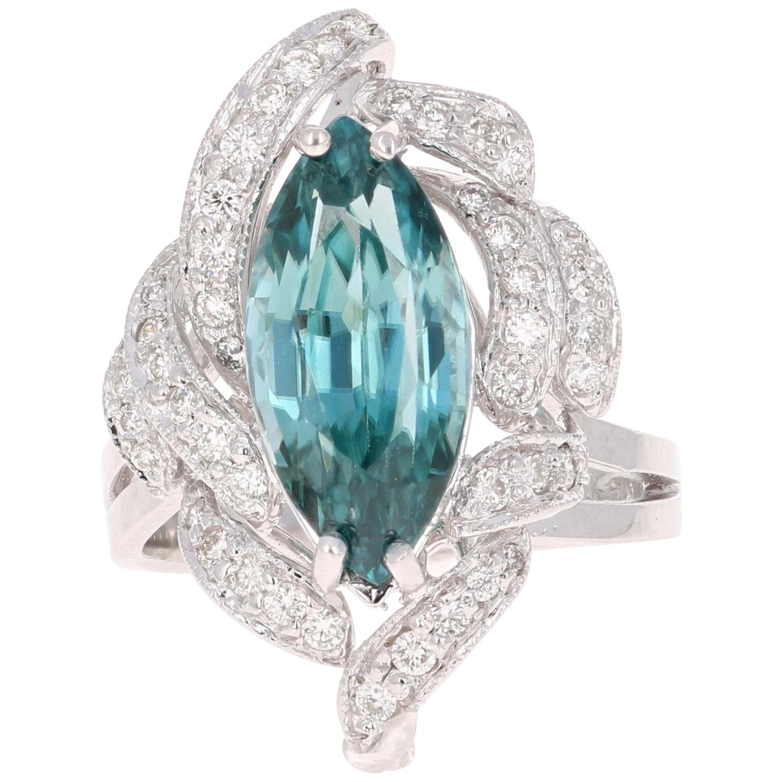 7.00 Carat Marquise Cut Blue Zircon Diamond 14 Karat White Gold Ring