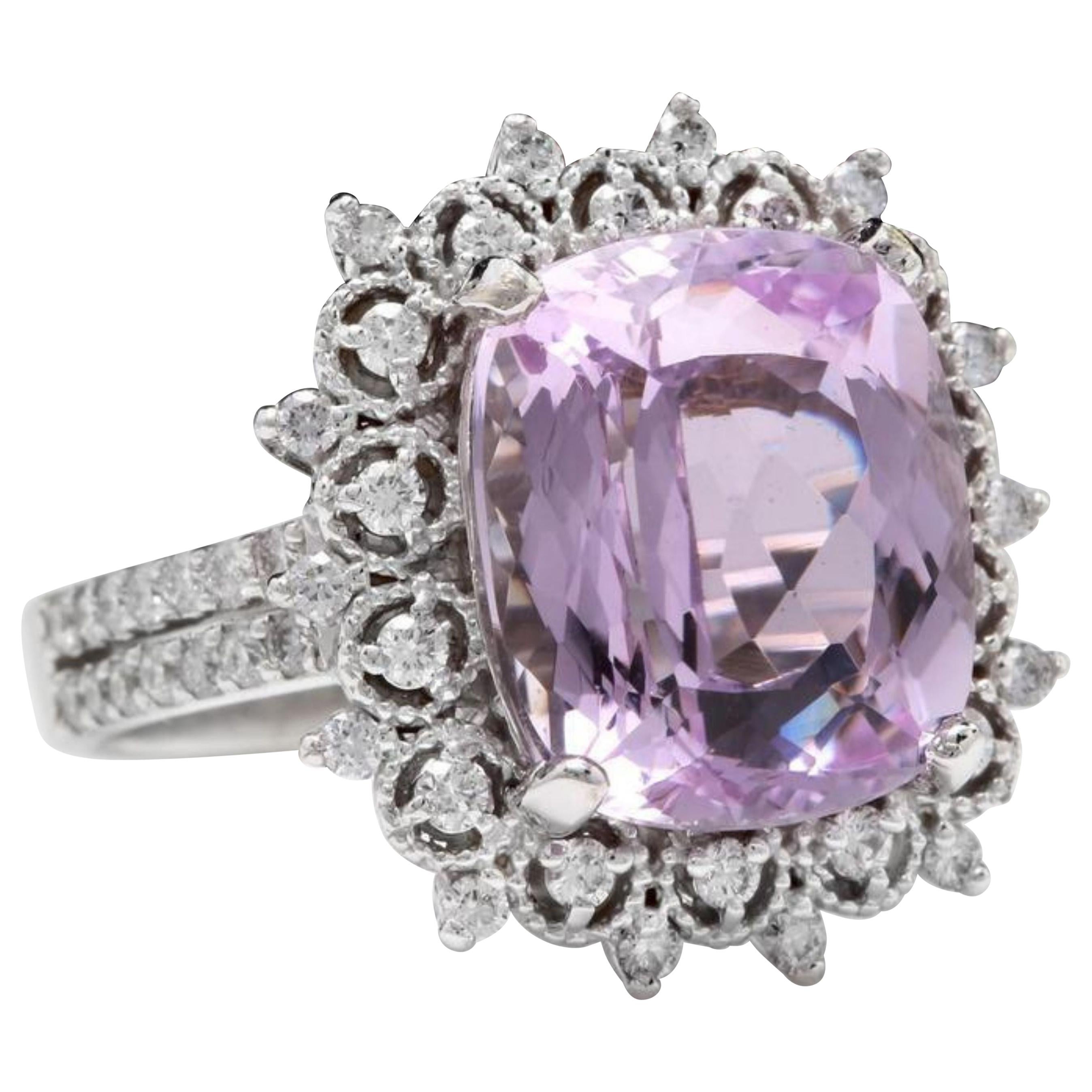 7.00 Carat Natural Kunzite and Diamond 14 Karat Solid White Gold Ring For Sale