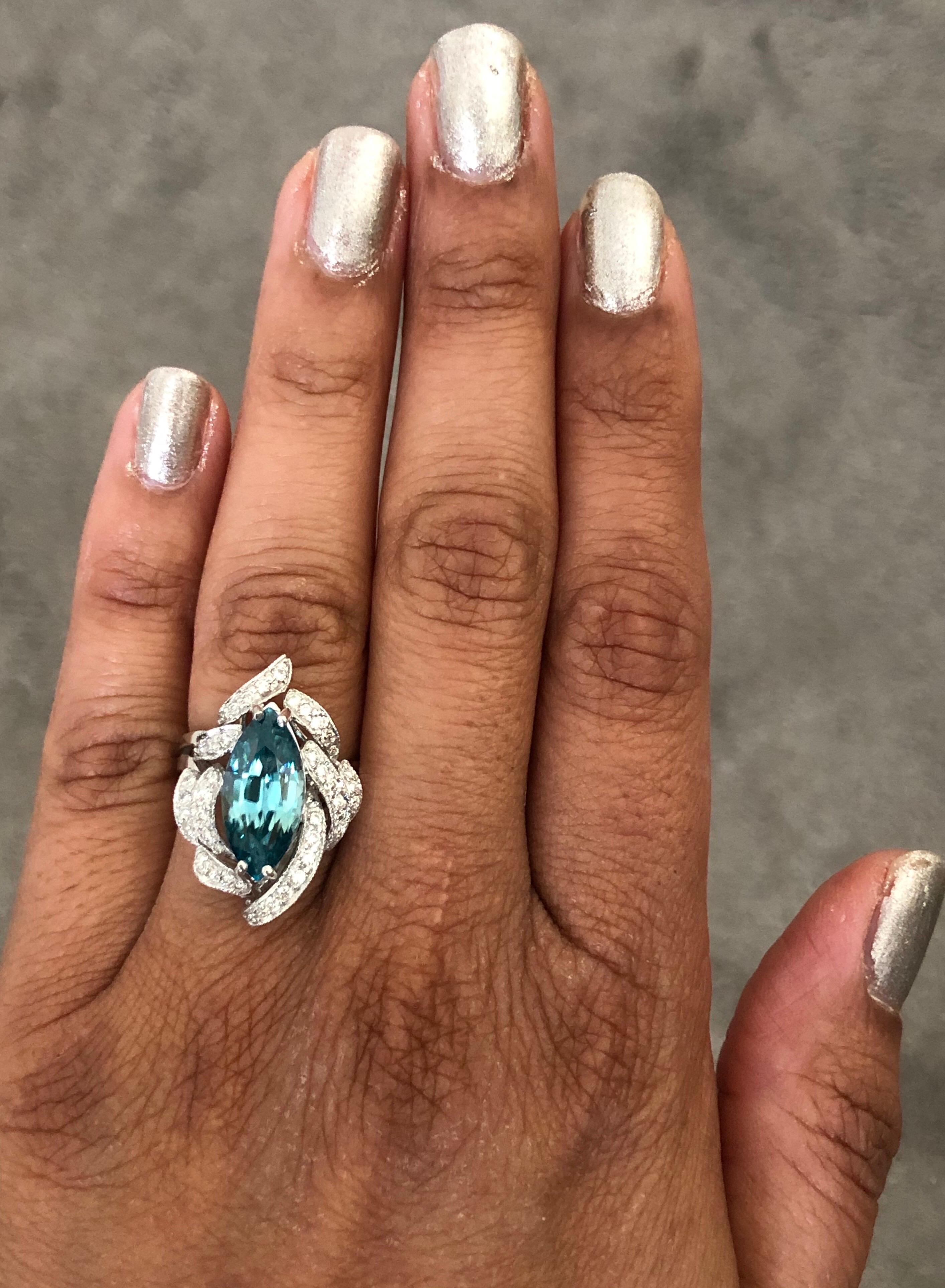 7.00 Carat Natural Marquise Blue Zircon Diamond White Gold Statement Ring In New Condition For Sale In Los Angeles, CA