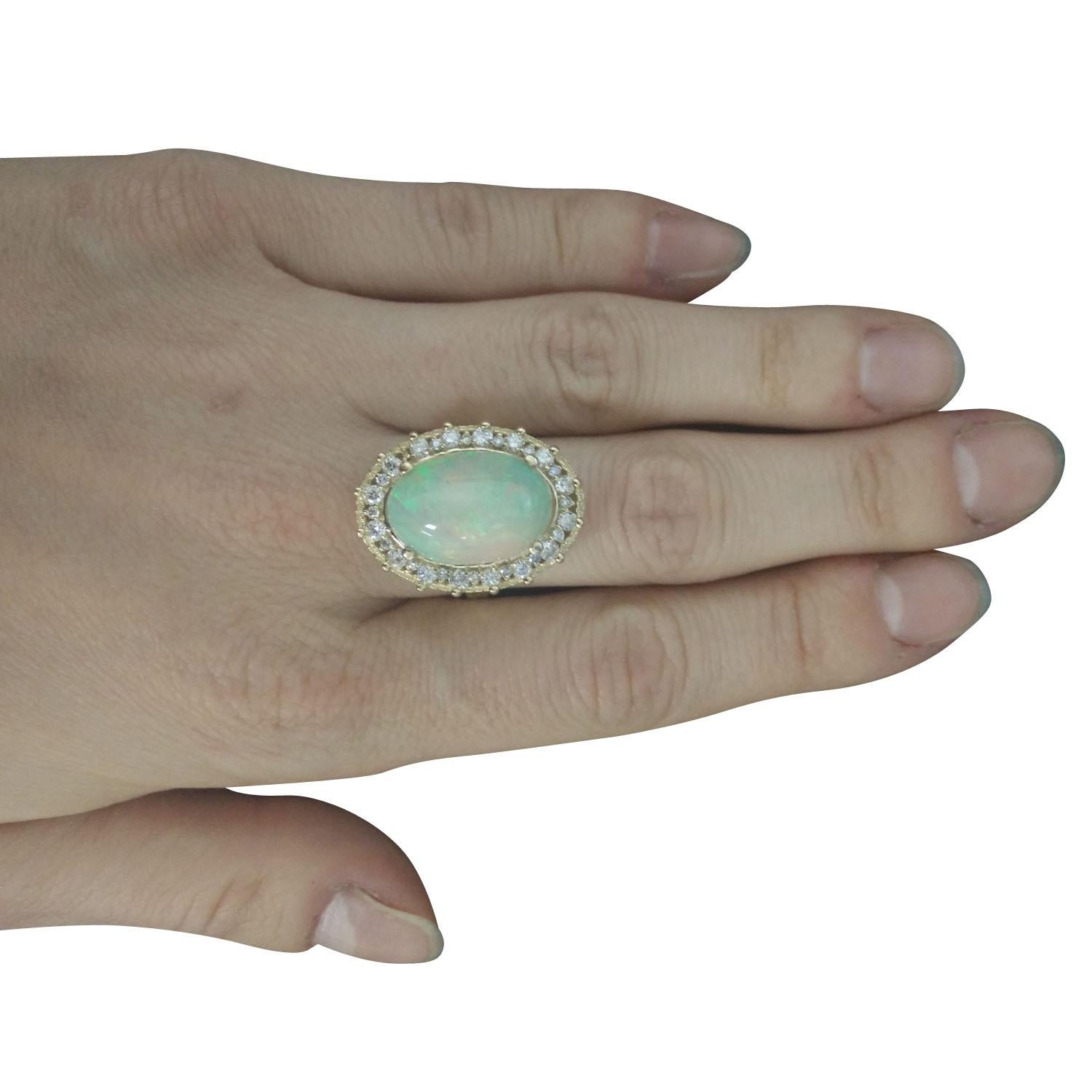 Women's 7.00 Carat Natural Opal 14 Karat Solid Yellow Gold Diamond Ring For Sale