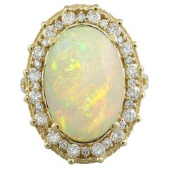 7.00 Carat Natural Opal 14 Karat Solid Yellow Gold Diamond Ring