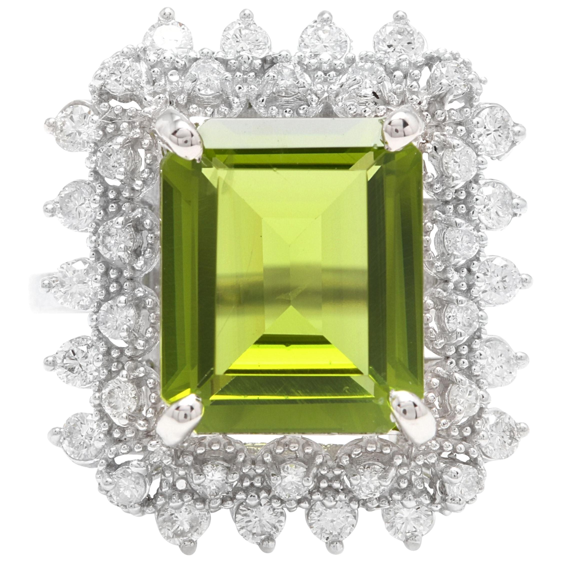 7.00 Carat Natural Peridot and Diamond 14 Karat Solid White Gold Ring For Sale