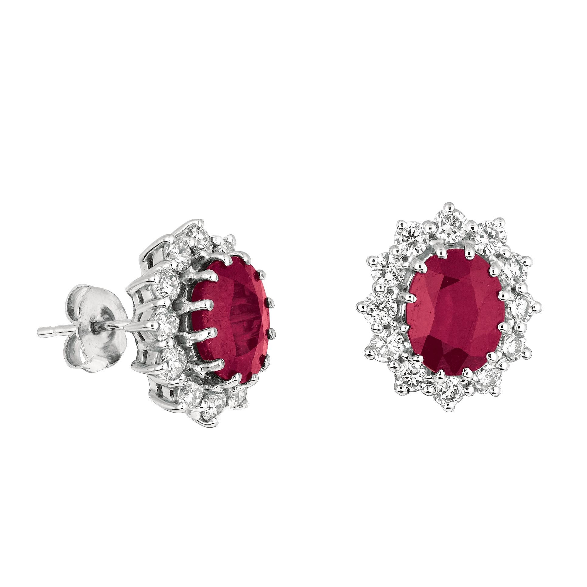 Contemporary 7.00 Carat Natural Ruby and Diamond Oval Earrings 14 Karat White Gold For Sale