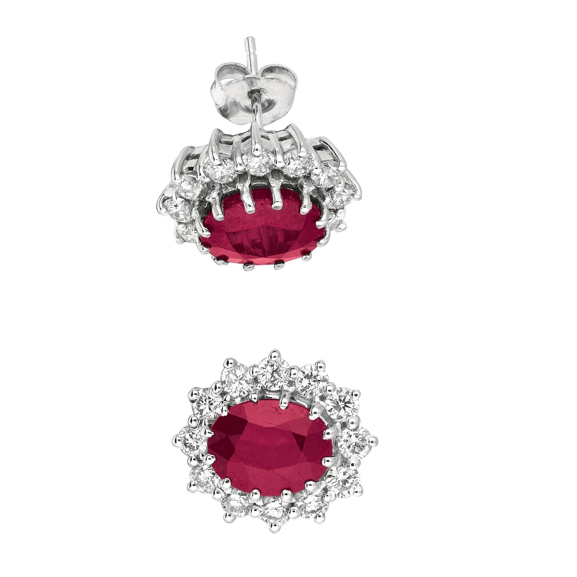 Oval Cut 7.00 Carat Natural Ruby and Diamond Oval Earrings 14 Karat White Gold For Sale