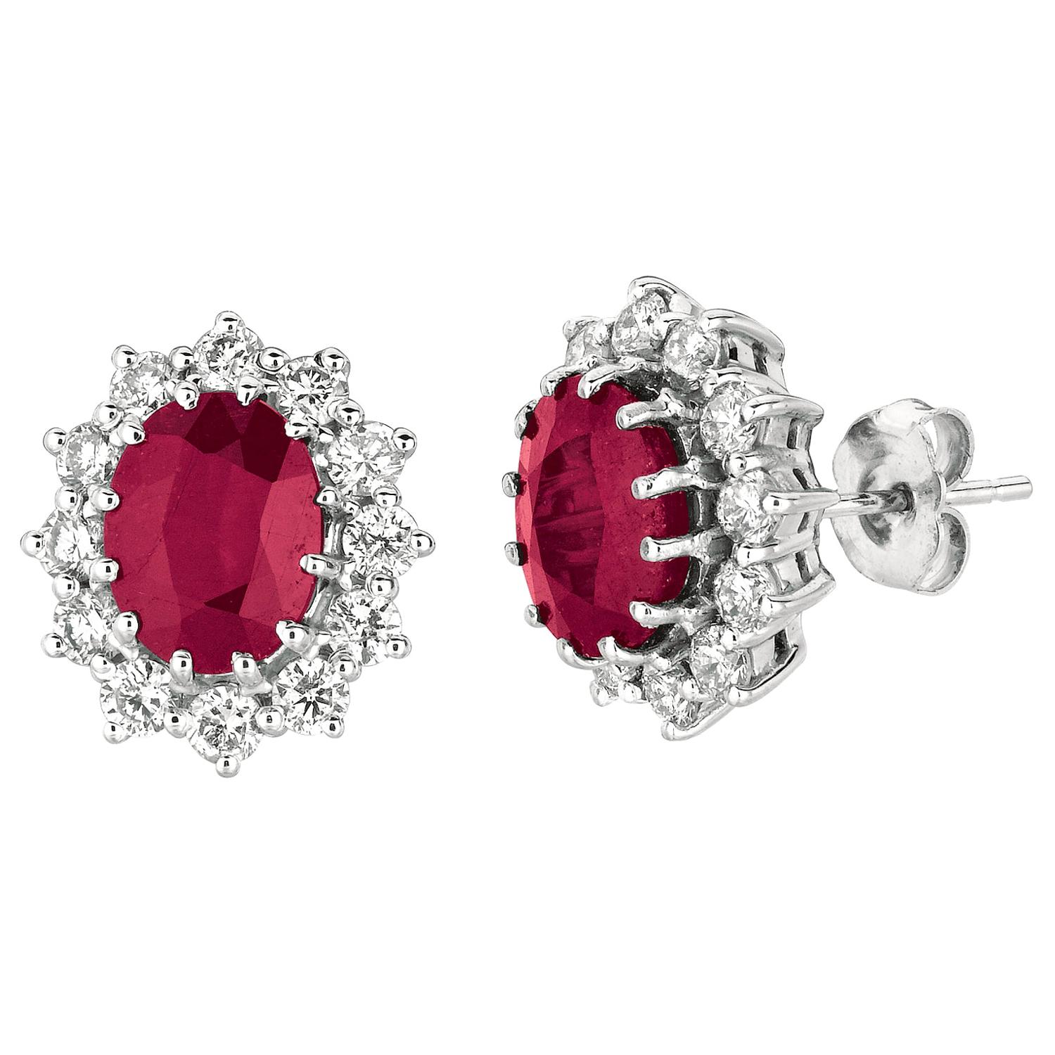 7.00 Carat Natural Ruby and Diamond Oval Earrings 14 Karat White Gold For Sale