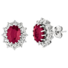 7.00 Carat Natural Ruby and Diamond Oval Earrings 14 Karat White Gold