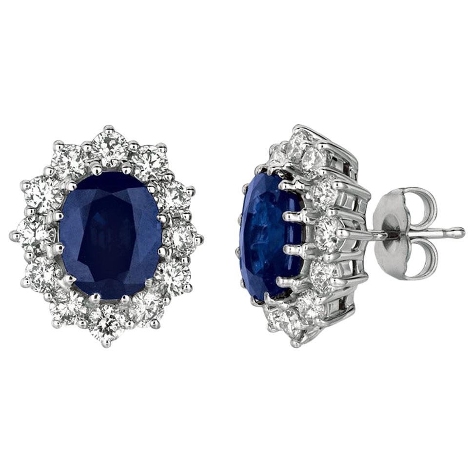 7.00 Carat Natural Sapphire and Diamond Oval Earrings G SI 14 Karat White Gold For Sale