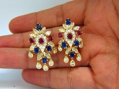 7.00 Carat Natural Sapphire Ruby Diamond Dangle Earrings 18 Karat Cocktail**