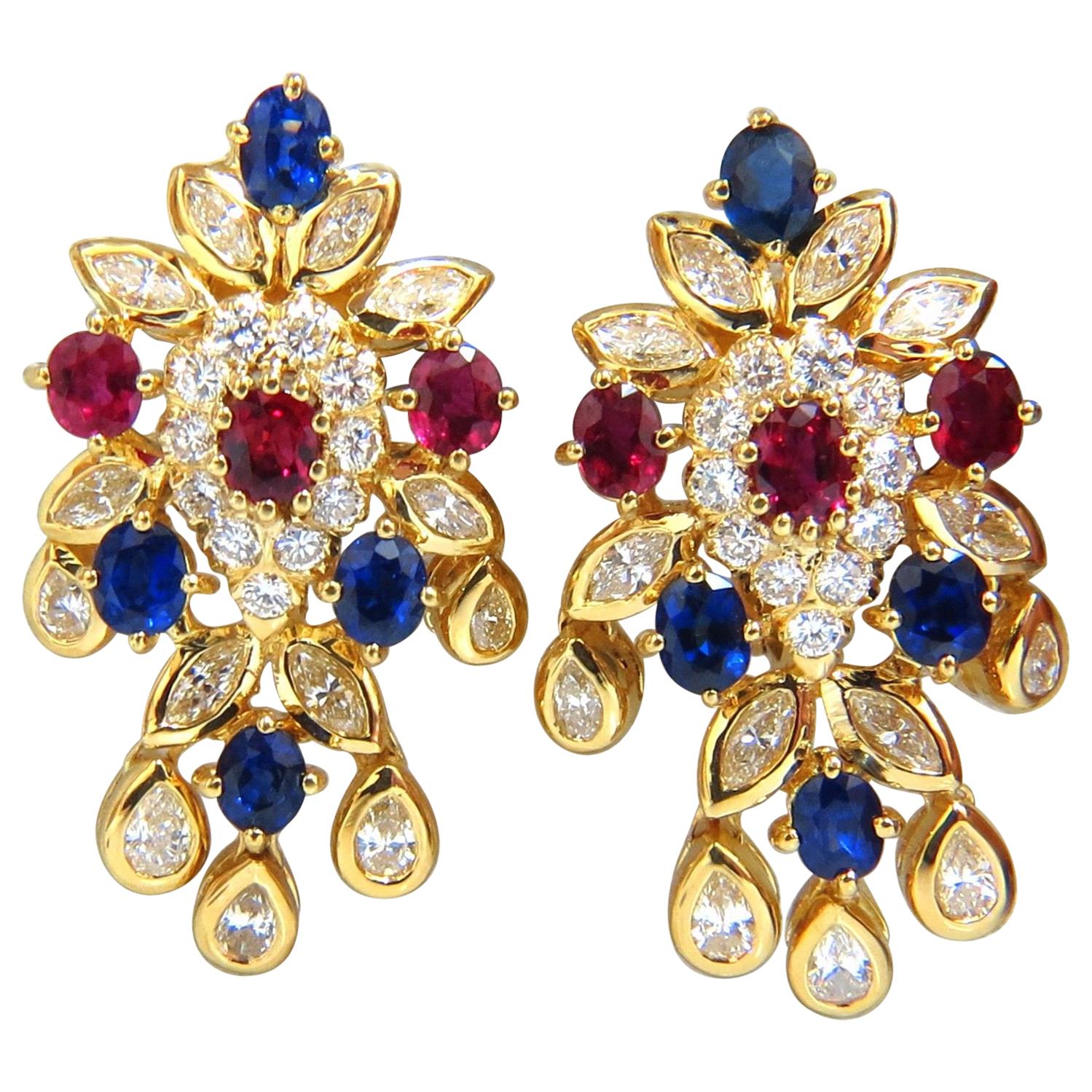 7.00 Carat Natural Sapphire Ruby Diamond Dangle Earrings 18 Karat Cocktail For Sale