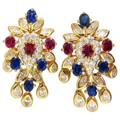 7.00 Carat Natural Sapphire Ruby Diamond Dangle Earrings 18 Karat Cocktail