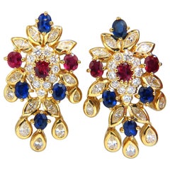 7.00 Carat Natural Sapphire Ruby Diamond Dangle Earrings 18 Karat Cocktail**