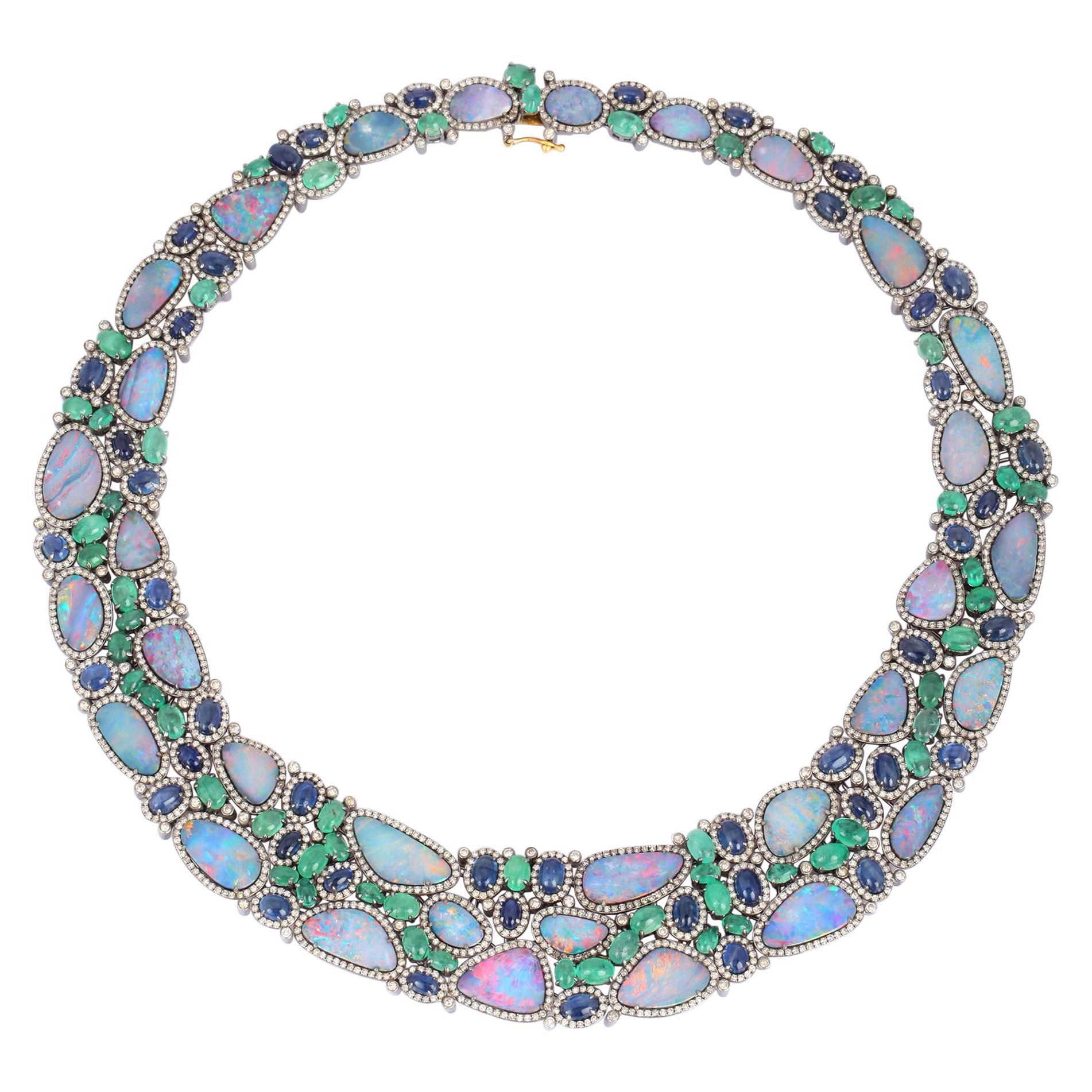 70.0 Carat Opal Emerald Diamond Statement Necklace