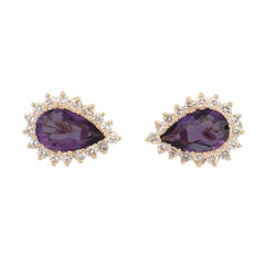 7.00 Carat Pear Amethyst Diamond Halo 14k Yellow Gold Clip Post Earrings
