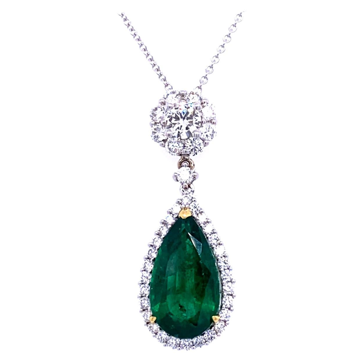 7.00 Carat Pear Shape Emerald Pendant in 18K Gold with 1.85 Carat Diamonds Halo
