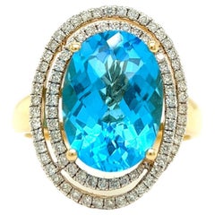 7.00 Carat Swiss Blue Topaz Diamond 14 Karat Yellow Gold Swirl Halo Ring