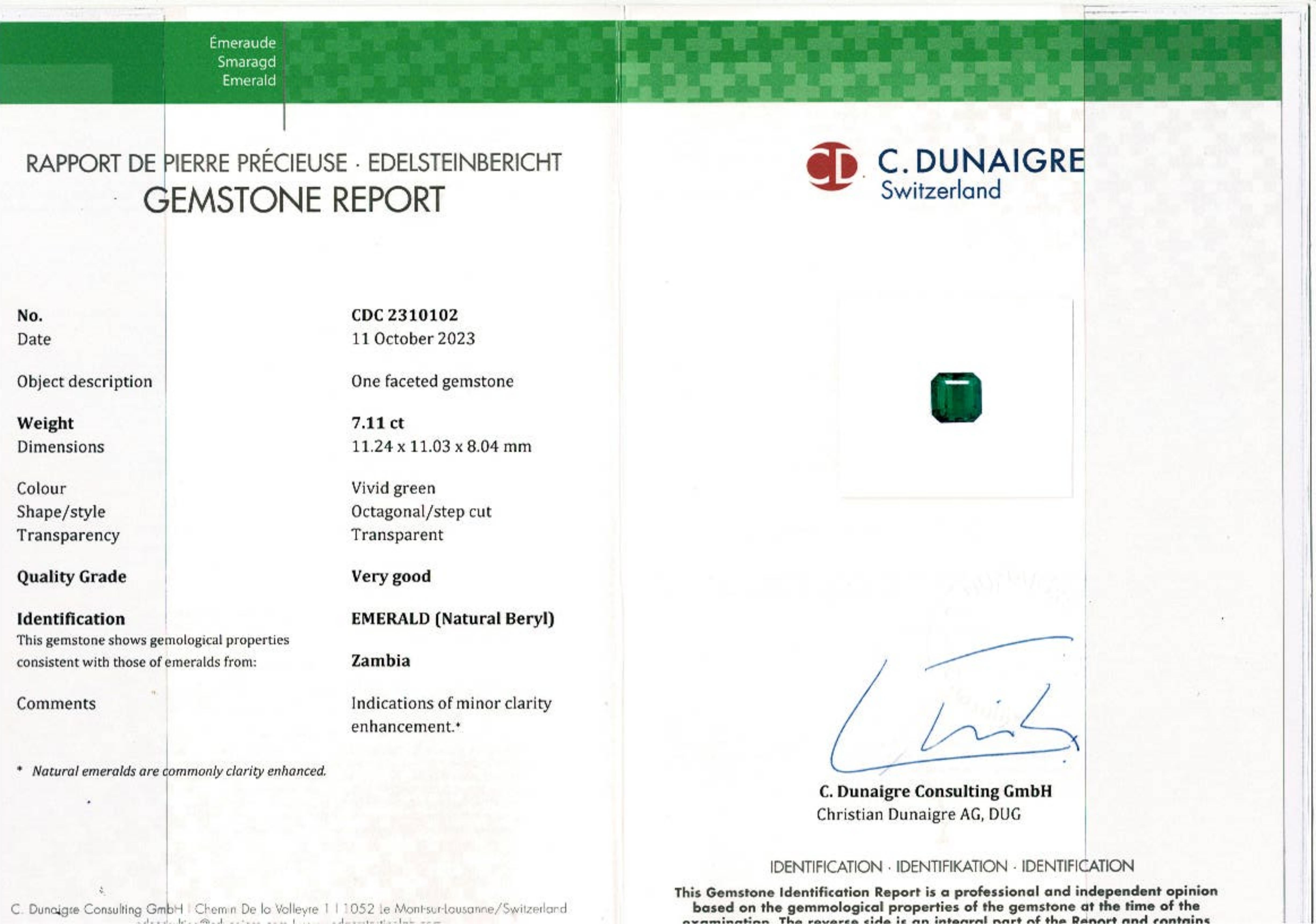 7,00 Karat Lebendiges Grün ohne Öl Smaragd Ring - C. Dunaigre zertifiziert (Smaragdschliff) im Angebot