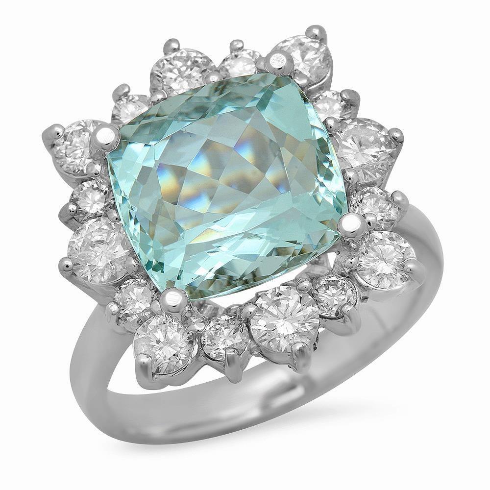 14 Karat massiver Weißgold Ring mit 7,00 Karat natürlichem Aquamarin und Diamant (Gemischter Schliff) im Angebot