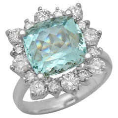7.00 Carats Natural Aquamarine and Diamond 14K Solid White Gold Ring