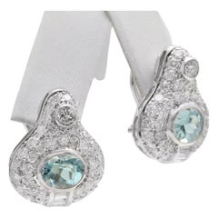 7.00 Carats Natural Aquamarine and Diamond 18K Solid White Gold Earrings