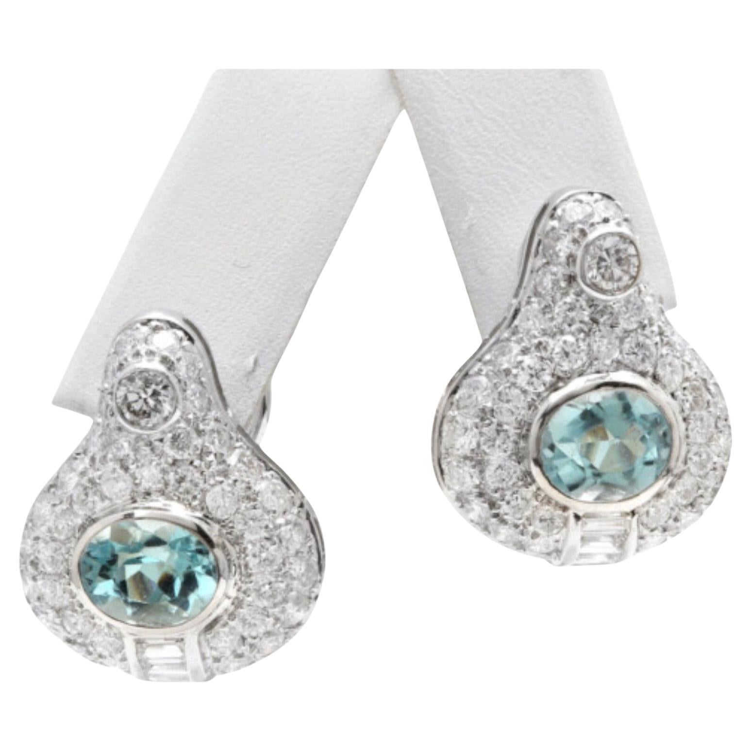 Pendientes de oro blanco macizo de 18 quilates con aguamarina natural y diamantes de 7,00 quilates en venta