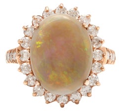 7,00 Carati Opale Australiano Naturale e Diamante Anello in Oro Rosa Solido 14K