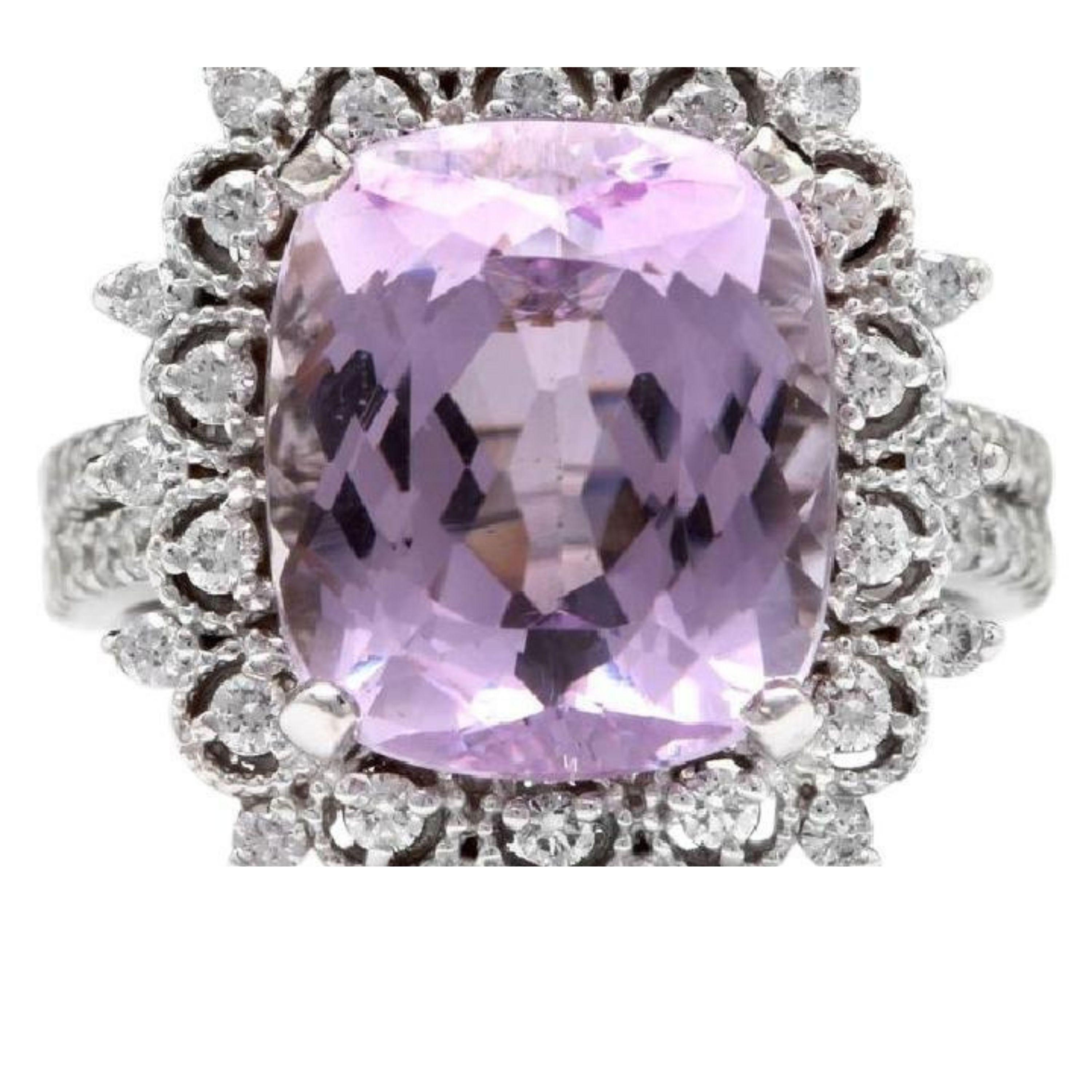 7.00 Carats Natural Kunzite and Diamond 14K Solid White Gold Ring

Total Natural Cushion Cut Kunzite Weights: 6.00 Carats

Kunzite Measures: 12.55 10.75mm

Natural Round Diamonds Weight: 1.00 Carats (color G / Clarity VS2-SI1)

Ring size: 7 (we