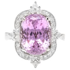 7.00 Carats Natural Kunzite and Diamond 14K Solid White Gold Ring