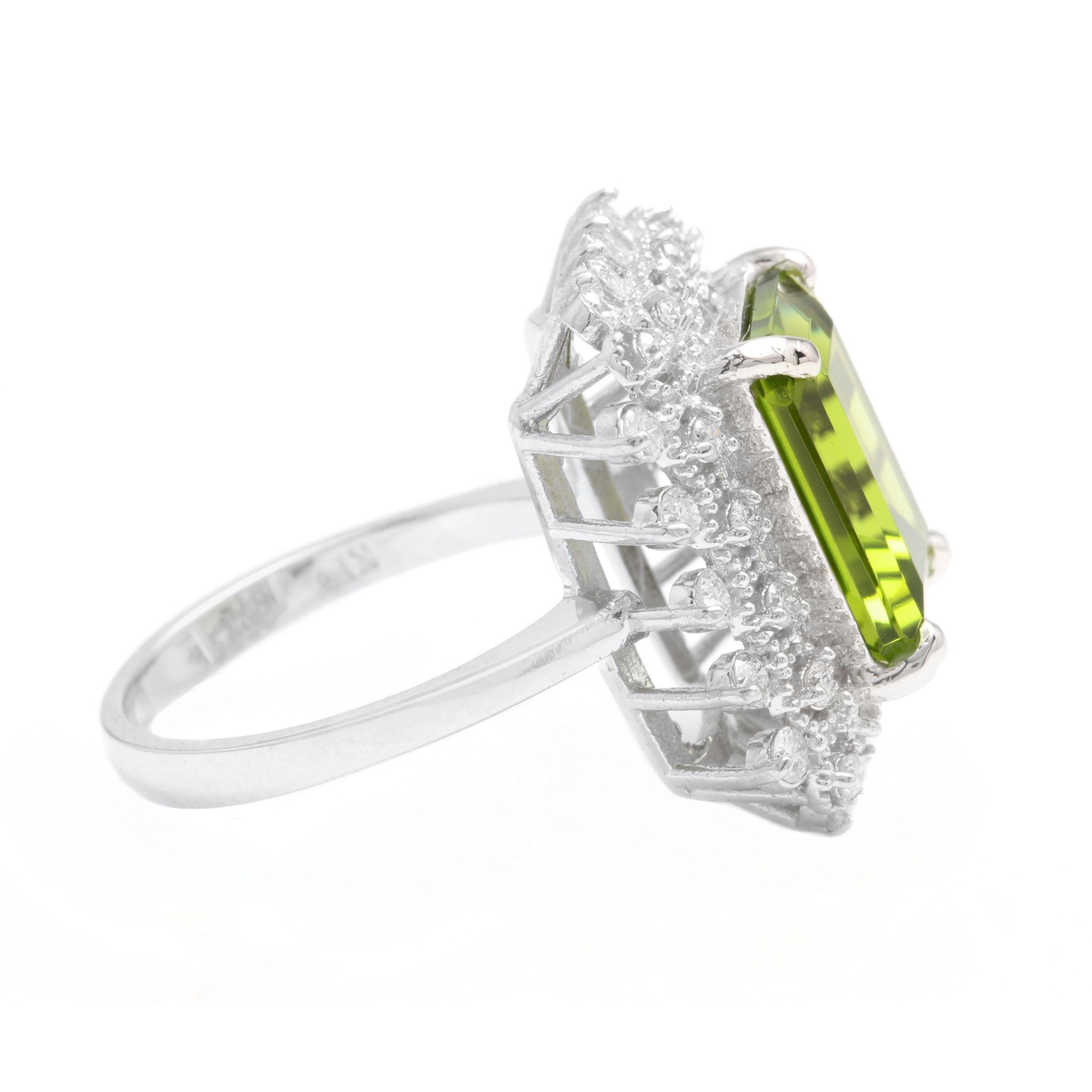 Mixed Cut 7.00 Carat Natural Peridot and Diamond 14 Karat Solid White Gold Ring For Sale