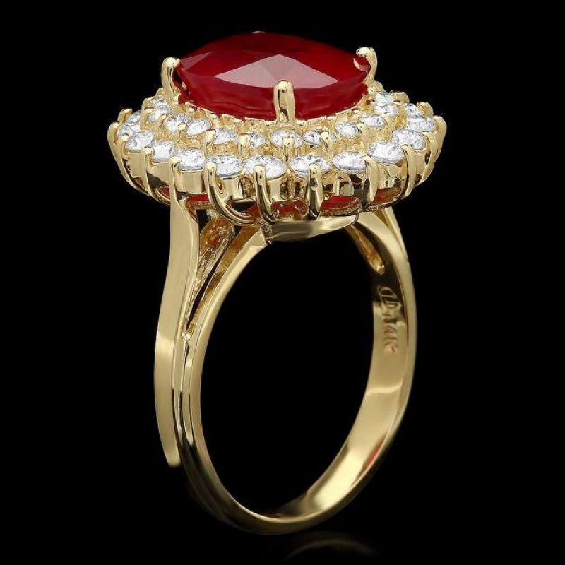 7.00 Carats Natural Red Ruby and Diamond 14K Solid Yellow Gold Ring

Total Red Ruby Weight is: Approx. 5.50 Carats

Ruby Measures: Approx. 11.00 x 9.00mm

Ruby treatment: Fracture Filling

Natural Round Diamonds Weight: Approx. 1.50 Carats (color