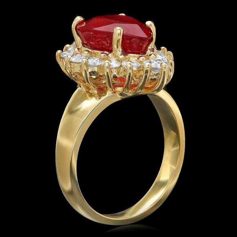 7.00 Carats Natural Red Ruby and Diamond 14K Solid Yellow Gold Ring

Total Red Ruby Weight is: Approx. 5.90 Carats

Ruby Measures: Approx. 12.00 x 10.00mm

Ruby treatment: Fracture Filling

Natural Round Diamonds Weight: Approx. 1.10 Carats (color